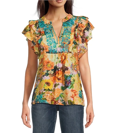 Calessa Embroidered Vintage Floral Print Split V-Neck Ruffled Cap Sleeve Tunic