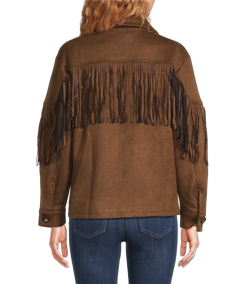 Calessa Faux Suede Fringe Point Collar Long Sleeve Shirt Jacket