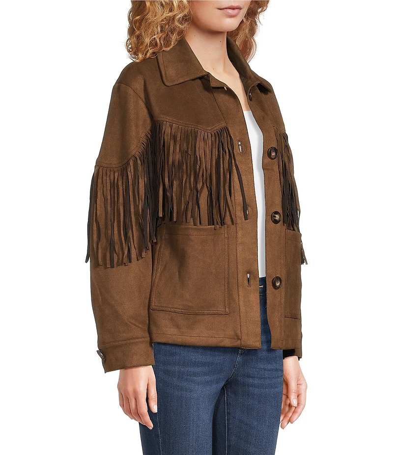 Calessa Faux Suede Fringe Point Collar Long Sleeve Shirt Jacket