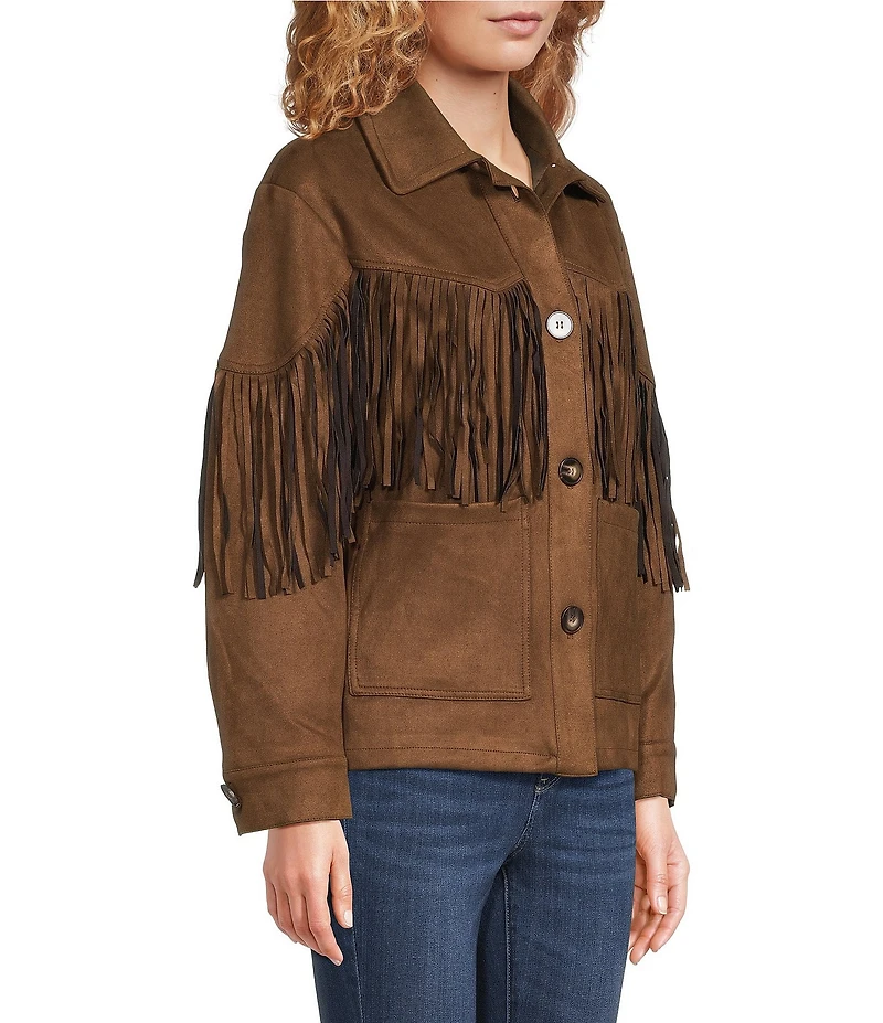 Calessa Faux Suede Fringe Point Collar Long Sleeve Shirt Jacket