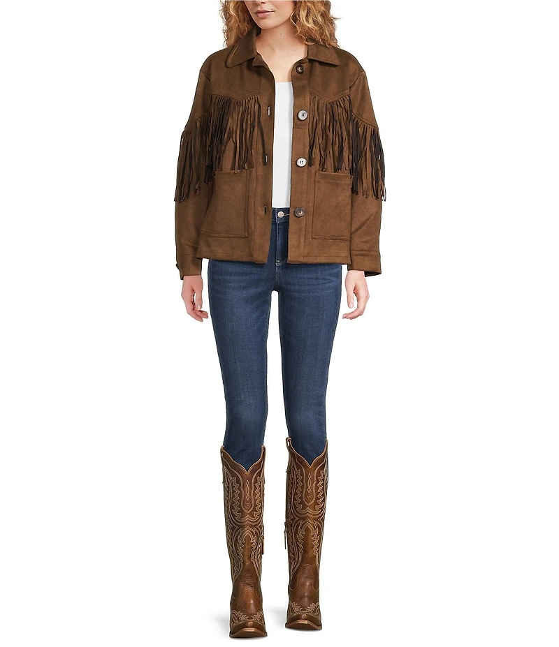 Calessa Faux Suede Fringe Point Collar Long Sleeve Shirt Jacket