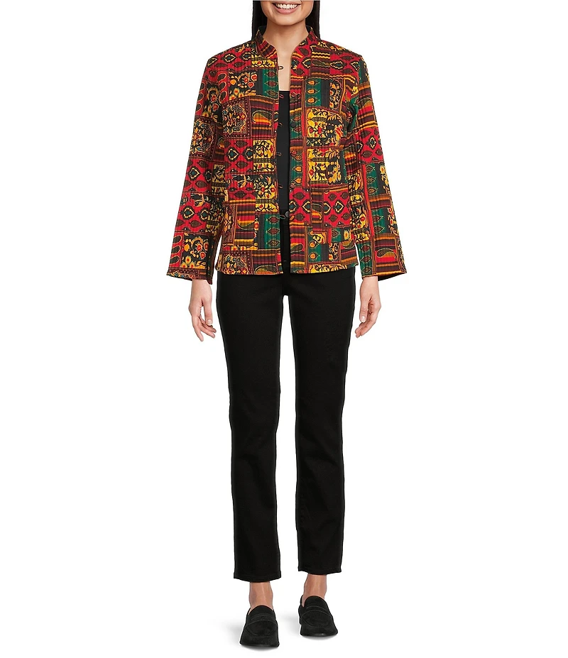 Calessa Festive Patchwork Stand Collar Long Sleeve Button-Front Reversible Shirt Jacket