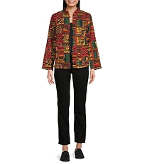 Calessa Festive Patchwork Stand Collar Long Sleeve Button-Front Reversible Shirt Jacket