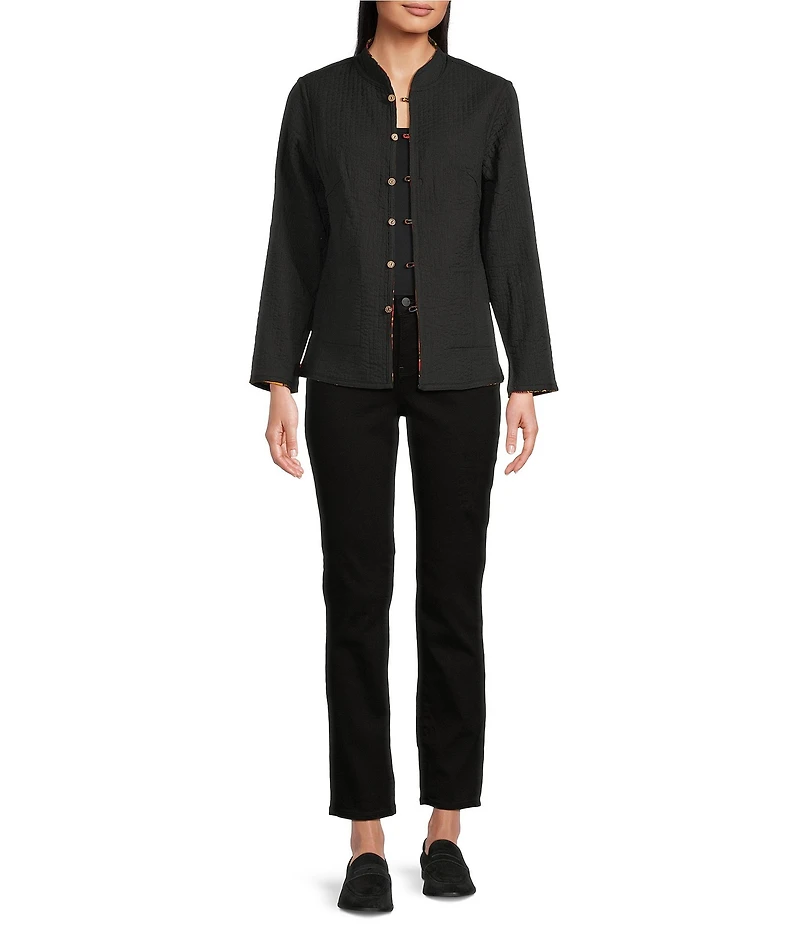 Calessa Festive Patchwork Stand Collar Long Sleeve Button-Front Reversible Shirt Jacket