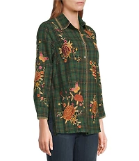 Calessa Floral Embroidered Crinkle Woven Point Collar Long Sleeve Button Front Shirt