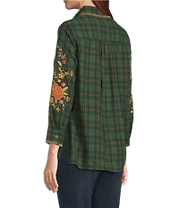 Calessa Floral Embroidered Crinkle Woven Point Collar Long Sleeve Button Front Shirt