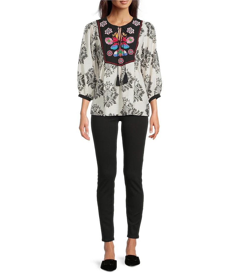 Calessa Floral Embroidered Mosaic Patchwork Tassel Tie Round Split Neck 3/4 Sleeve Tunic
