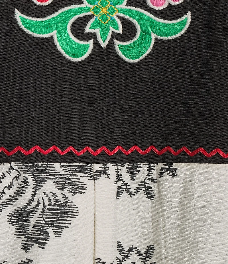 Calessa Floral Embroidered Mosaic Patchwork Tassel Tie Round Split Neck 3/4 Sleeve Tunic