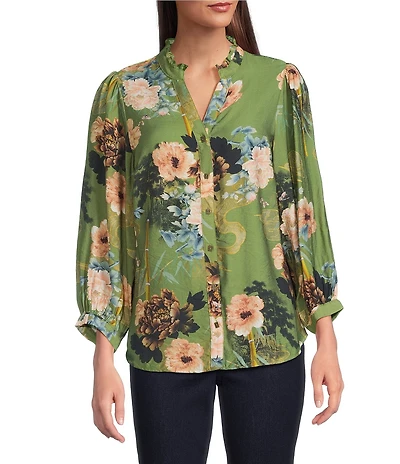 Calessa Floral Split V-Neck 3/4 Sleeve Button Front Tunic