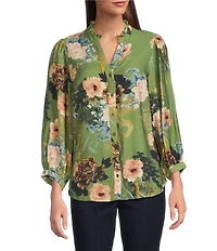 Calessa Floral Split V-Neck 3/4 Sleeve Button Front Tunic