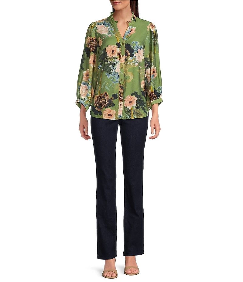 Calessa Floral Split V-Neck 3/4 Sleeve Button Front Tunic