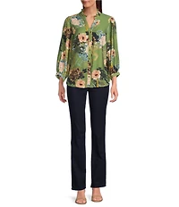 Calessa Floral Split V-Neck 3/4 Sleeve Button Front Tunic