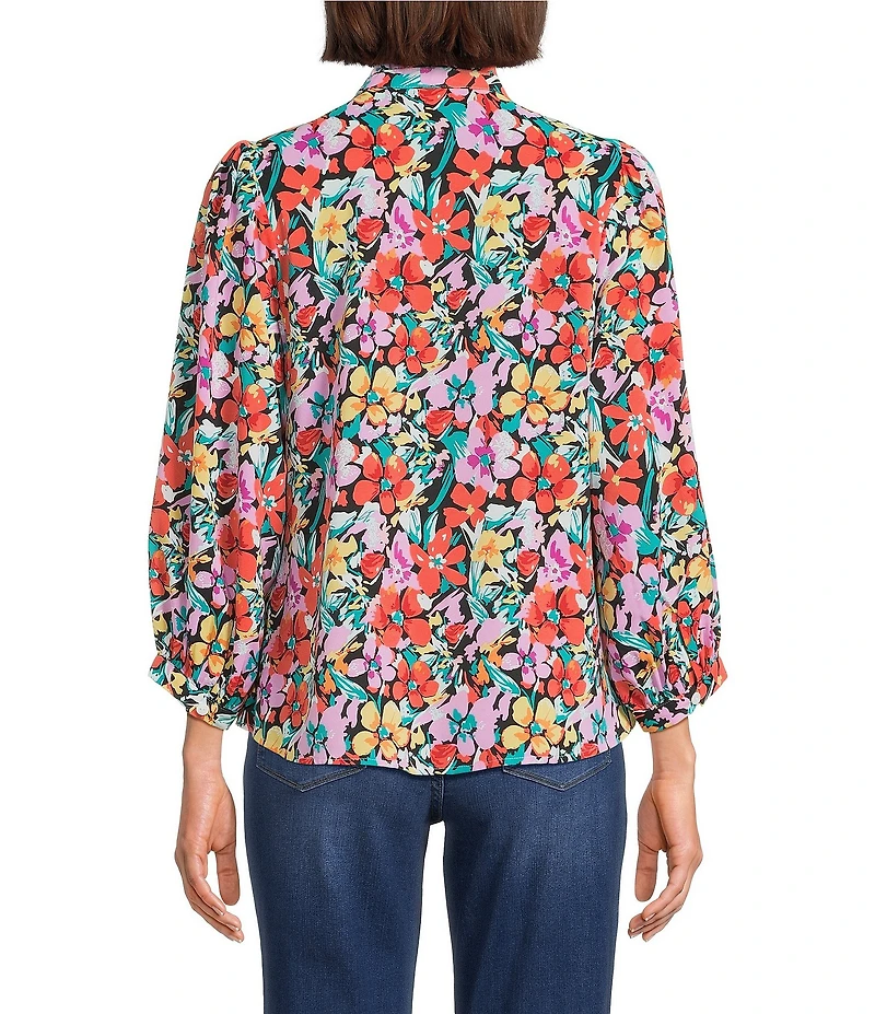 Calessa Floral Split V-Neck 3/4 Sleeve Button-Front Tunic