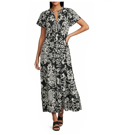 Calessa Floral Split V-Neck Short Sleeve Tiered Maxi Dress