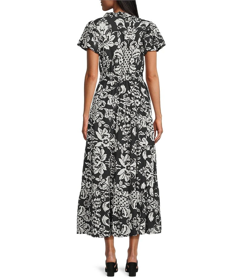Calessa Floral Split V-Neck Short Sleeve Tiered Maxi Dress