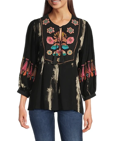 Calessa Floral Tie-Dye Embroidered Split Neck Tassel Ties Long Sleeve Tunic
