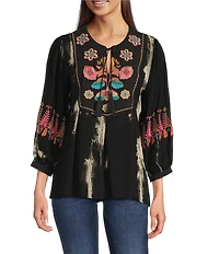 Calessa Floral Tie-Dye Embroidered Split Neck Tassel Ties Long Sleeve Tunic