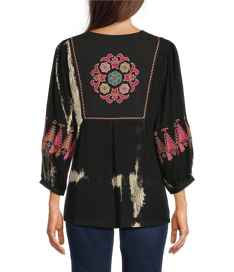 Calessa Floral Tie-Dye Embroidered Split Neck Tassel Ties Long Sleeve Tunic