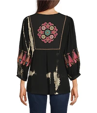 Calessa Floral Tie-Dye Embroidered Split Neck Tassel Ties Long Sleeve Tunic