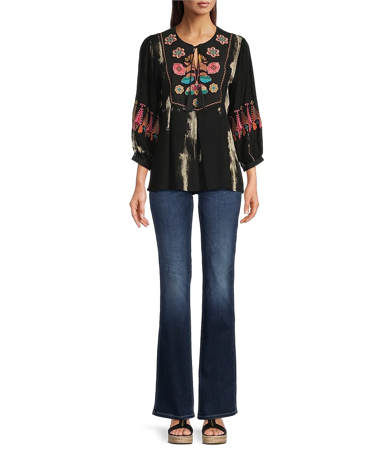 Calessa Floral Tie-Dye Embroidered Split Neck Tassel Ties Long Sleeve Tunic