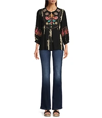 Calessa Floral Tie-Dye Embroidered Split Neck Tassel Ties Long Sleeve Tunic
