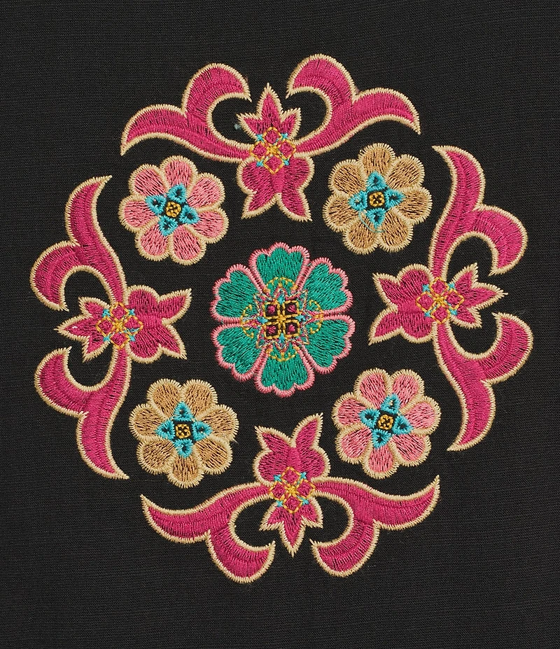 Calessa Floral Tie-Dye Embroidered Split Neck Tassel Ties Long Sleeve Tunic