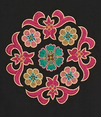 Calessa Floral Tie-Dye Embroidered Split Neck Tassel Ties Long Sleeve Tunic