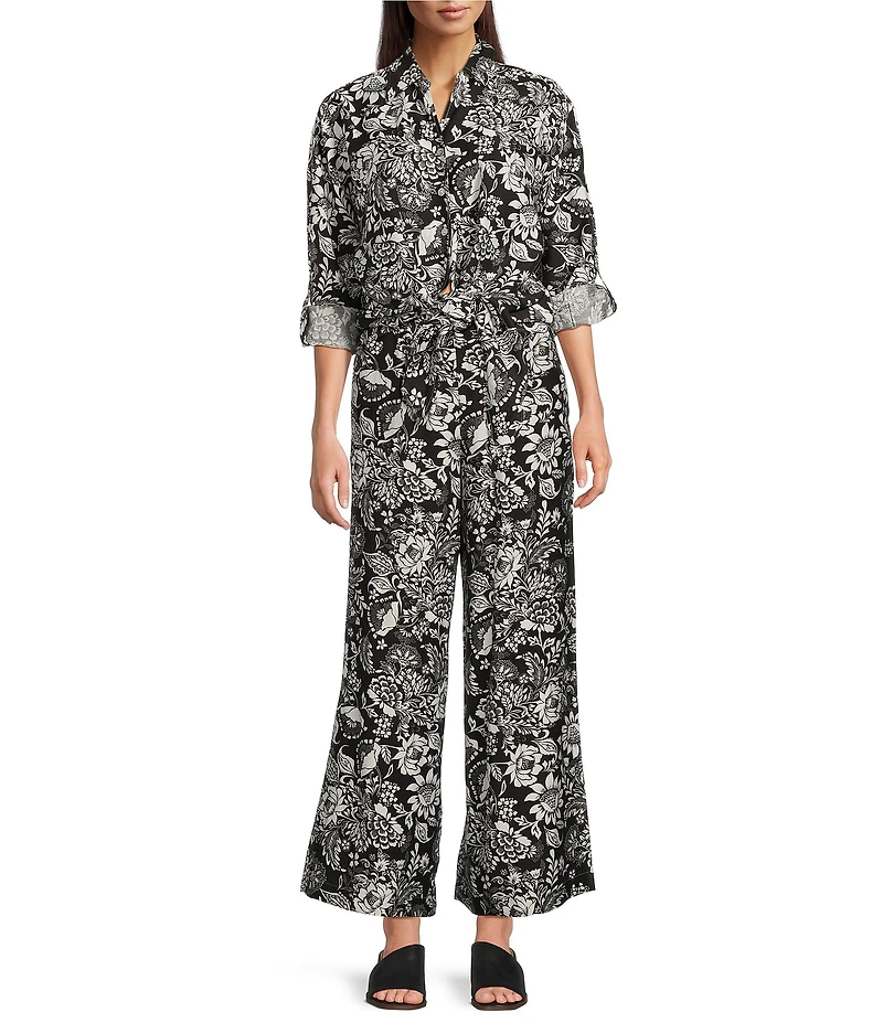 Calessa Coordinating Garden Floral Point Collar Roll Tab Long Sleeve Tie-Front Blouse