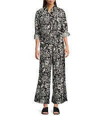 Calessa Coordinating Garden Floral Point Collar Roll Tab Long Sleeve Tie-Front Blouse