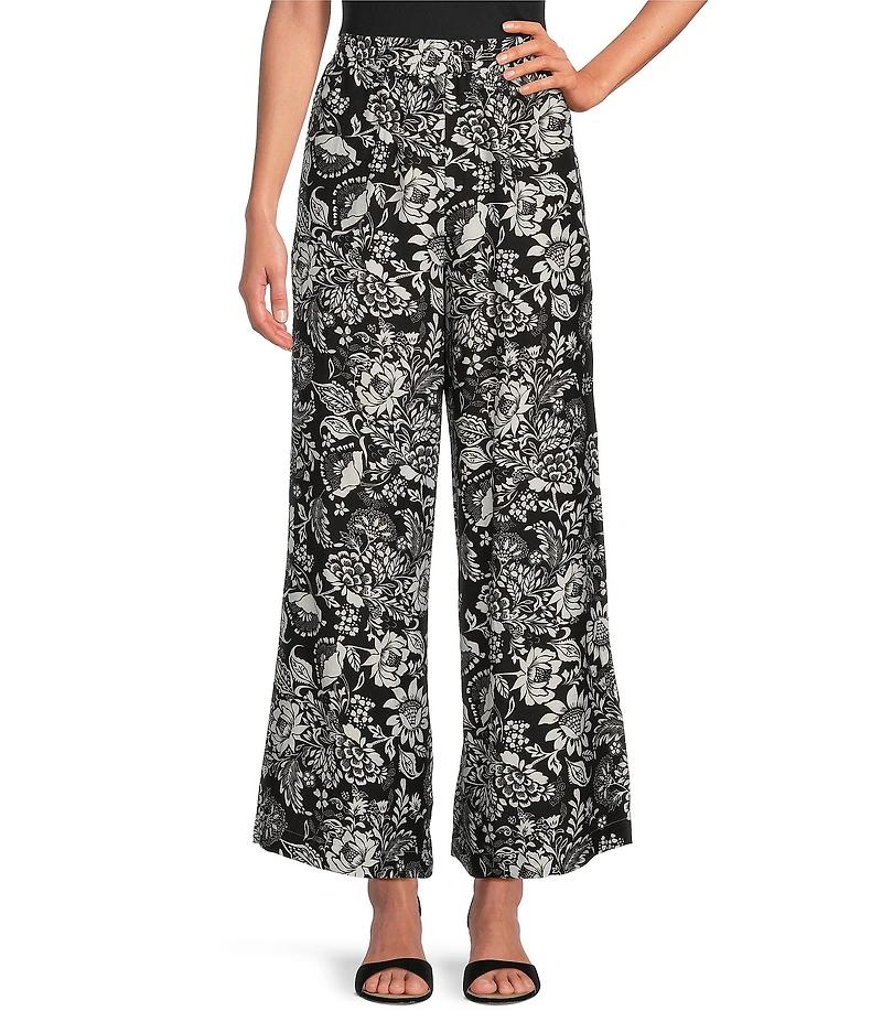Calessa Garden Floral Print Wide Leg Pull-On Pants