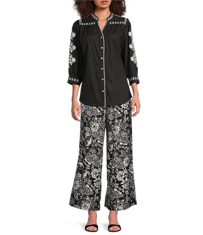 Calessa Garden Floral Print Wide Leg Pull-On Pants