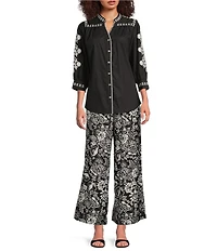 Calessa Garden Floral Print Wide Leg Pull-On Pants