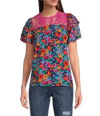 Calessa Garden Floral Round Neck Short Sleeve Lace Detail Top
