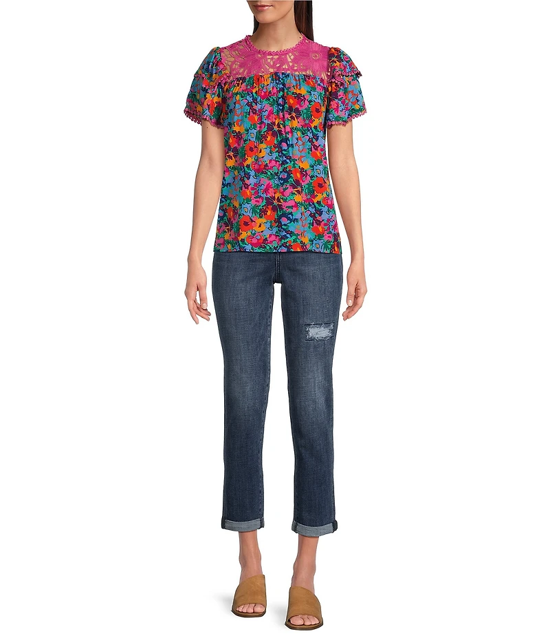 Calessa Garden Floral Round Neck Short Sleeve Lace Detail Top