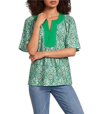 Calessa Garden Mosaic Split Round V-Neck Short Sleeve Tunic