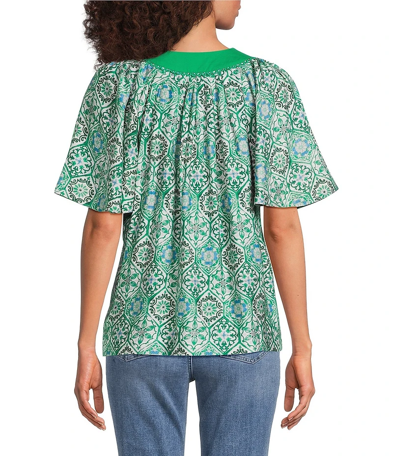 Calessa Garden Mosaic Split Round V-Neck Short Sleeve Tunic