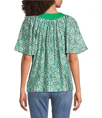 Calessa Garden Mosaic Split Round V-Neck Short Sleeve Tunic