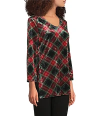 Calessa Holiday Plaid V-Neck 3/4 Sleeve Velvet Knit Tunic