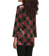 Calessa Holiday Plaid V-Neck 3/4 Sleeve Velvet Knit Tunic