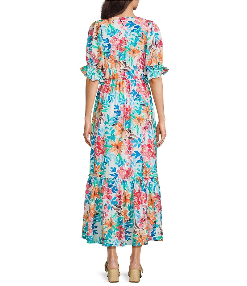 Calessa Italian Floral Print V-Neck Short Sleeve Tiered Pull-On Shift Midi Dress