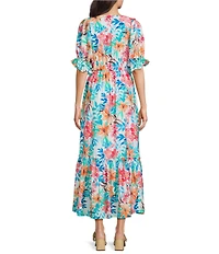 Calessa Italian Floral Print V-Neck Short Sleeve Tiered Pull-On Shift Midi Dress
