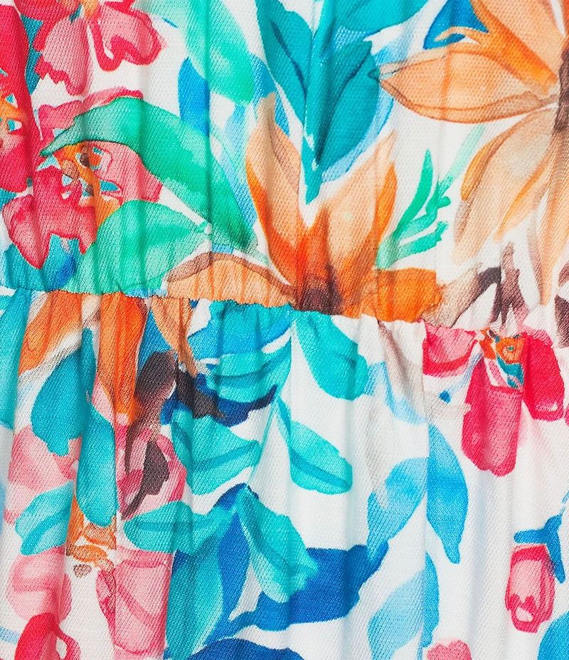Calessa Italian Floral Print V-Neck Short Sleeve Tiered Pull-On Shift Midi Dress