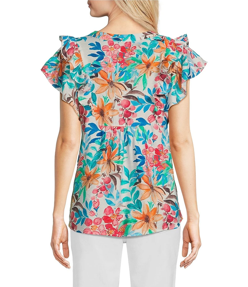 Calessa Italian Floral Split V-Neck Ruffle Cap Sleeve Top
