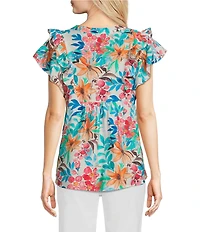 Calessa Italian Floral Split V-Neck Ruffle Cap Sleeve Top