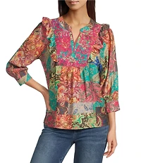 Calessa Italian Patchwork Floral Split V-Neck Ruffle 3/4 Sleeve Top