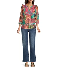 Calessa Italian Patchwork Floral Split V-Neck Ruffle 3/4 Sleeve Top