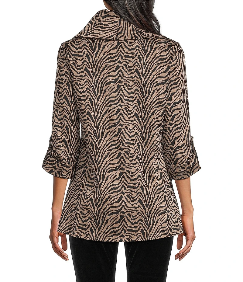 Calessa Jacquard Knit Zebra Print Cowl Neck 3/4 Sleeve Tunic