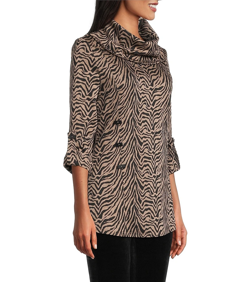 Calessa Jacquard Knit Zebra Print Cowl Neck 3/4 Sleeve Tunic