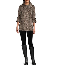 Calessa Jacquard Knit Zebra Print Cowl Neck 3/4 Sleeve Tunic