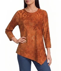 Calessa Knit Burnout Crew Neck 3/4 Sleeve Asymmetric Hem Tunic